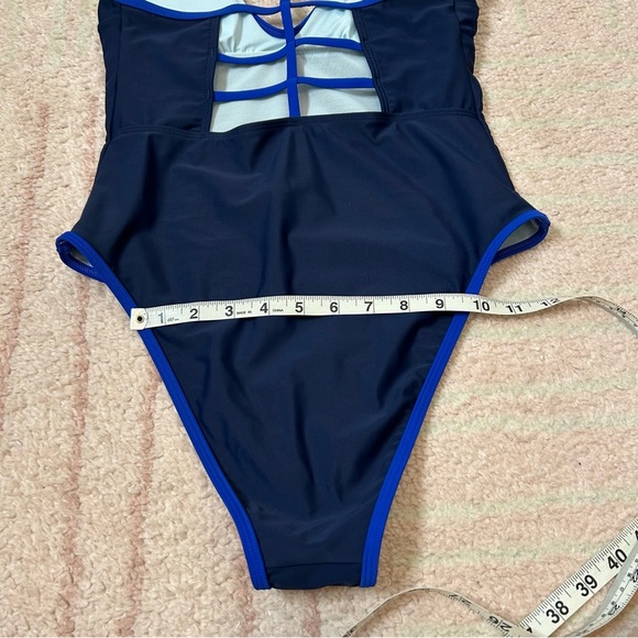 NWT Cupshe Navy One Piece Swimsuit Low Front High Hip Cage Back Size Medium - Picture 11 of 13